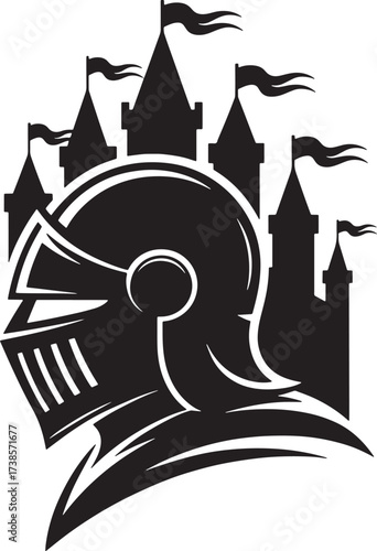 Knight Helmet Silhouette Against Castle Towers Illustration