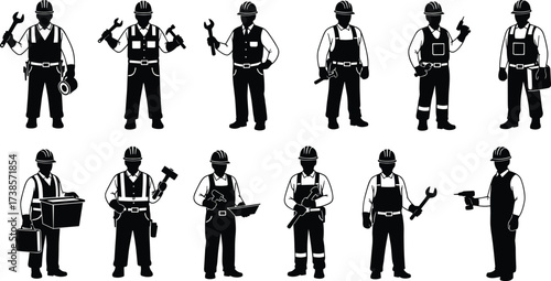 Construction and worker black silhouettes set, including engineers, handymen, and builders with various tools