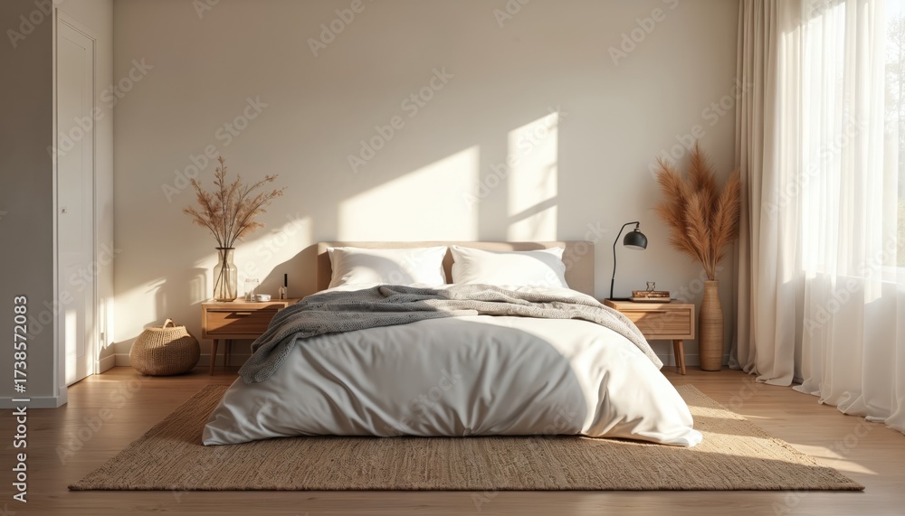 Fototapeta premium Modern Scandinavian bedroom interior design. Light beige walls, wood floor, natural jute rug. Bed crisp white linen, comfy grey blanket. Wooden nightstands hold black lamps, dried pampas grass
