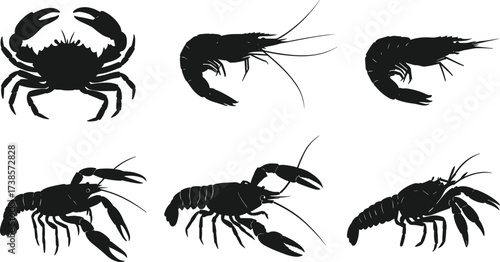Seafood silhouettes set, collection of vector illustrations of different seafood and crustaceans in black color, on white background, isolated, for design