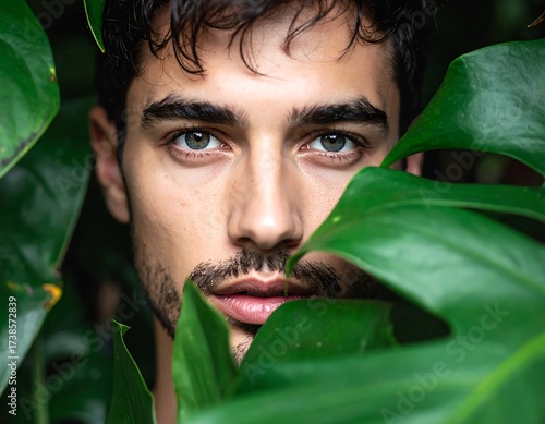 Man in Nature, Focused Gaze, Lush Plants.