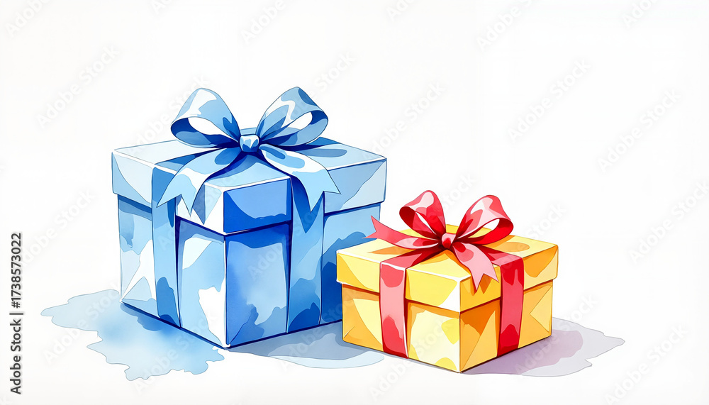 Fototapeta premium Colorful gift boxes with bows in watercolor style 