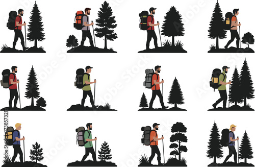 Backpacker hiking vector illustration set, tourists with backpacks and trekking poles, male trekkers exploring the forest with silhouette of a pine tree