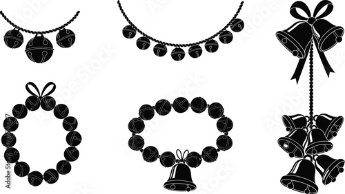 Black Jingle Bells Garland and Wreath Silhouette Set, Christmas Decoration Vector Clip Art Collection, Holiday Season Ornament Design Elements, Festive Bell String Graphic