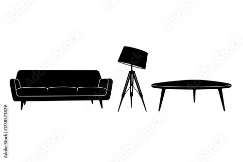 Black Vector Silhouette: Mid-Century Modern Furniture Set Icons	