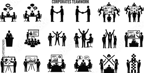 Corporate teamwork and collaboration, business meetings, handshake, presentations, and group success, black silhouette vector illustration set