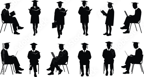 Graduate students and people in graduation gowns and caps, reading, studying, and using laptops, vector silhouettes