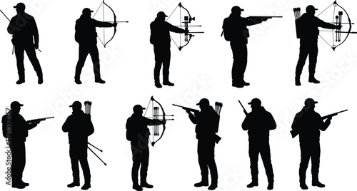 Hunting and shooting sport silhouette vector illustration set with hunters using a bow, rifle, and shotgun on white