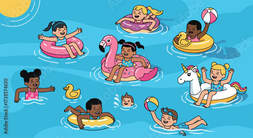 Diverse children enjoy a sunny day swimming and playing in inflatable pool toys