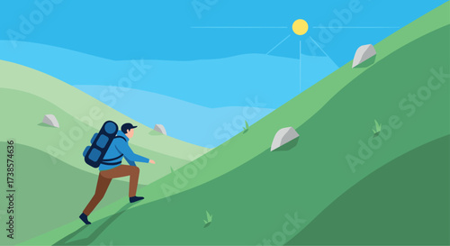 Adventurer climbs a steep green mountain under a bright blue sky