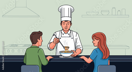 Chef demonstrates cooking technique to two attentive listeners