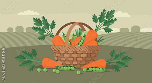 Freshly harvested carrots and peas in a woven basket on a farm