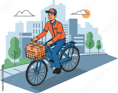 Delivery person rides bicycle through city streets with package