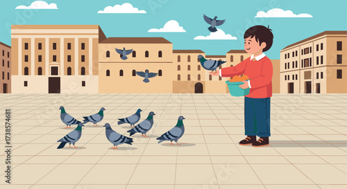 Boy feeding pigeons in a city square with historic buildings
