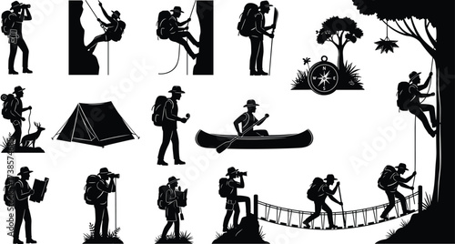 Outdoor adventure, camping, and hiking silhouettes, with people climbing, trekking, and exploring nature, in various action poses and scenarios