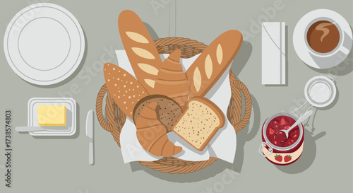 Overhead view of a delicious breakfast spread with bread and coffee