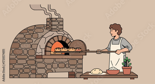 Baker using a traditional stone oven to bake bread