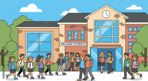 Children arriving at school building entrance