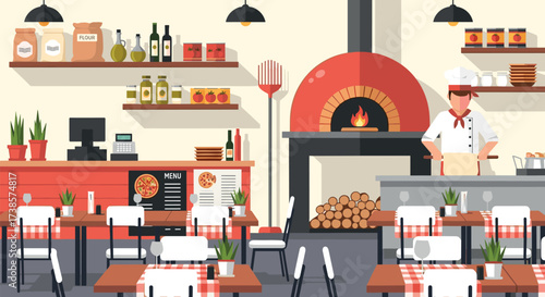 Cozy italian pizzeria interior with wood fired oven and chef
