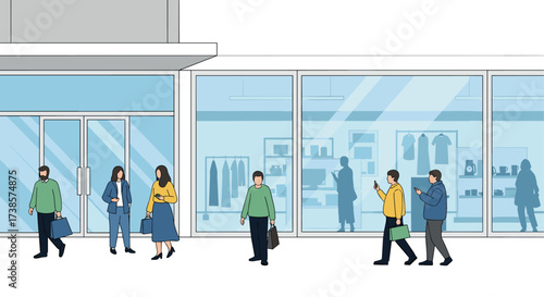 People waiting outside a modern building with large glass windows