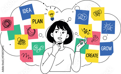 Young woman surrounded by colorful idea cards and thought bubbles