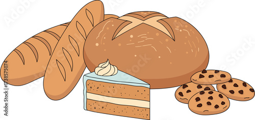 Assortment of freshly baked goods including bread cake and cookies