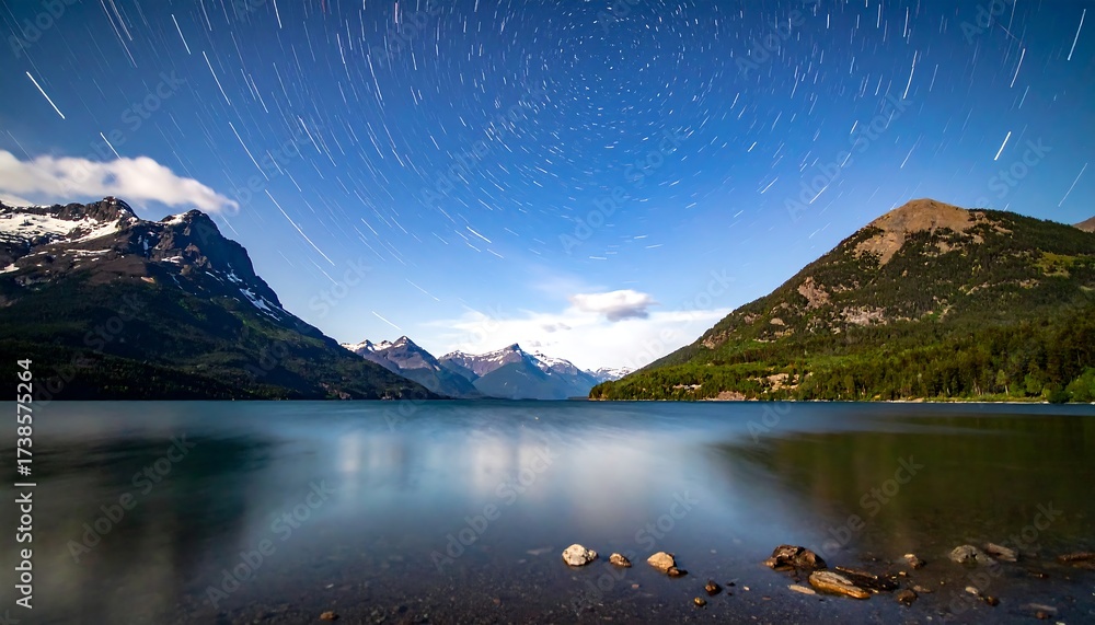 Obraz premium A long exposure shot revealing star trails above a calm lake and mountain landscape at night