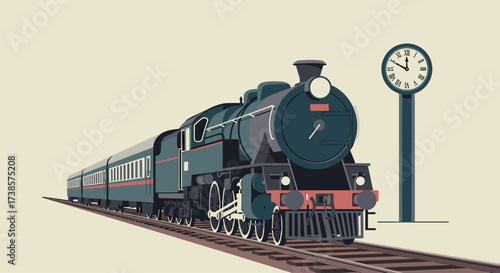 Vintage steam train arriving at station with clock