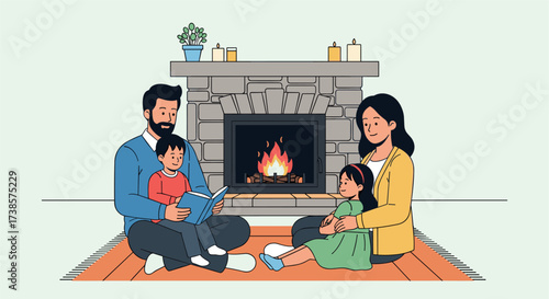Family warmly gathered around a cozy fireplace