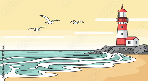 Coastal scene with a lighthouse ocean waves and seagulls flying