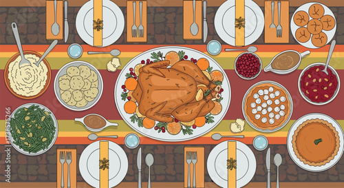 Abundant thanksgiving dinner spread with roasted turkey and side dishes