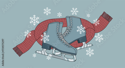 Winter ice skates and scarf with snowflakes illustration
