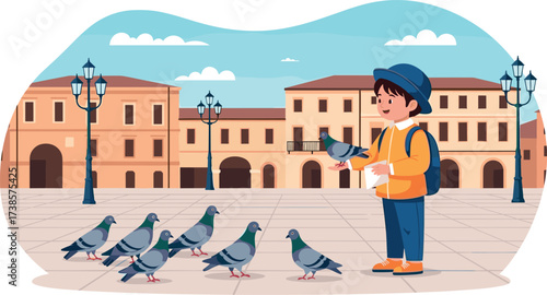 Person feeding pigeons in a european city square