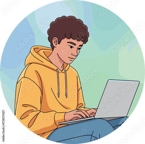 Young person working on laptop in yellow hoodie