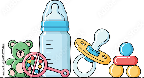 Collection of baby essentials and toys for newborns