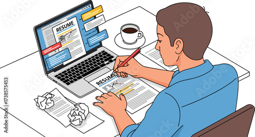 Man working on laptop and paperwork with coffee
