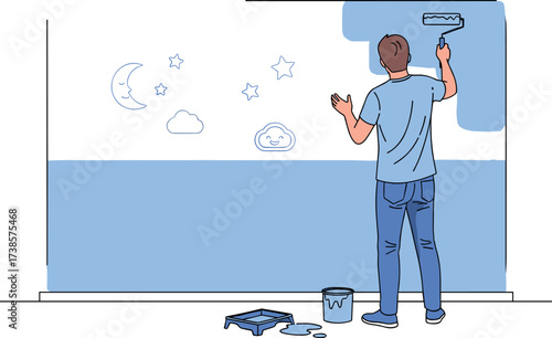 Man painting a wall with a roller in a room
