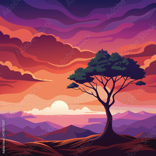 Vibrant sunset over a solitary tree on a hill