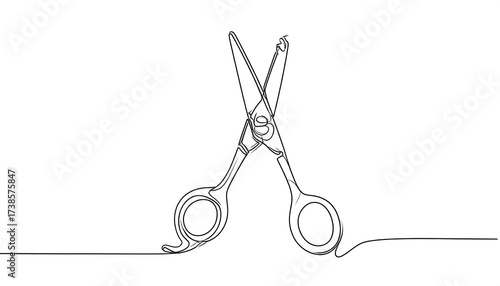 A minimalist line drawing showing an open pair of scissors, capturing the essence of cutting or styling on white