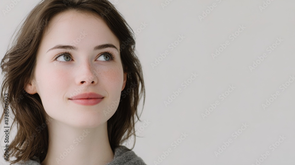 Fototapeta premium calm smiling girl mental health treatment of ptsd reactive aggression psychological mental and respiratory practices for stress relief anxiety disorders. Creative Banner. Copyspace image