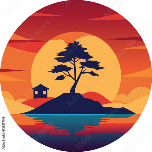 Serene island landscape with a solitary tree and small house at sunset