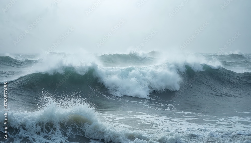 Obraz premium Powerful ocean waves crash with white foam and spray under a cloudy sky. Turbulent sea motion shows nature wild, untamed force. Intense water movement in stormy weather.
