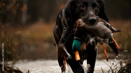 Black hunting dog retrieves duck from water, showcasing waterfowl hunting and gundog training process footage