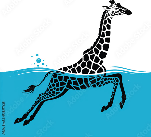 Giraffe swimming through blue water, surreal art