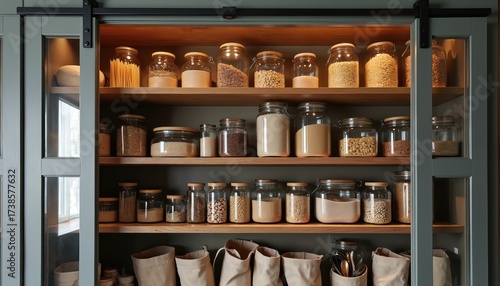 Wallpaper Mural Pantry stock with glass jars containing pasta beans lentils flour rice. Bags hold cooking utensils on lower shelf. Modern home kitchen storage with dry food ingredients in containers. Torontodigital.ca