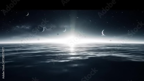 Digital illustration of water and space environment with planets and bright light