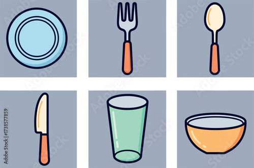 Flat Icons: Plate, Fork, Spoon, Knife, Glass, Bowl