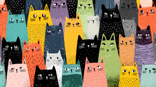 Seamless pattern featuring playful and adorable cartoon cats on a soft background