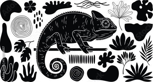 Chameleon silhouette vector illustration with tropical jungle leaves, exotic plants, abstract shapes, reptile wildlife design elements