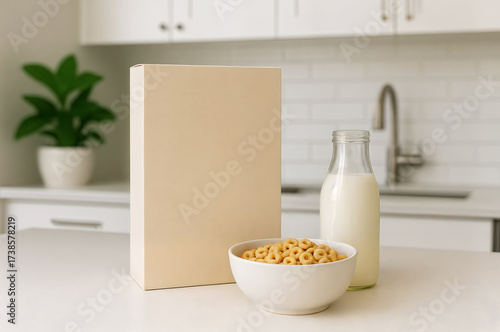 Cheerios style cereal in bowl with milk bottle and blank box on kitchen counter, ready for branding.